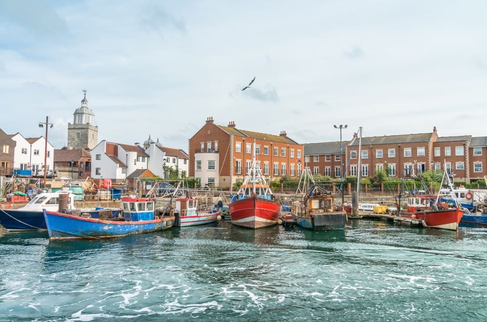 Boats in a harbour with buildings behind