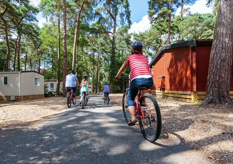 A family riding bikes between lodges, caravans and the forest
