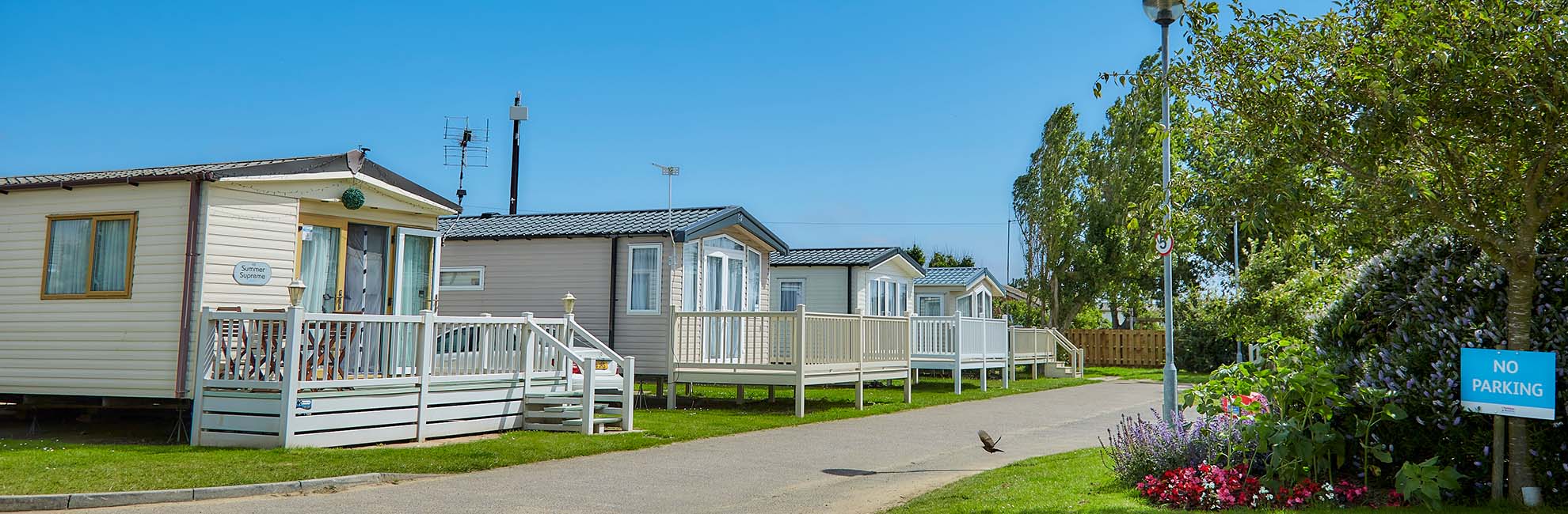 Holiday homes on the California Holiday Park on a bright sunny day with blue skys