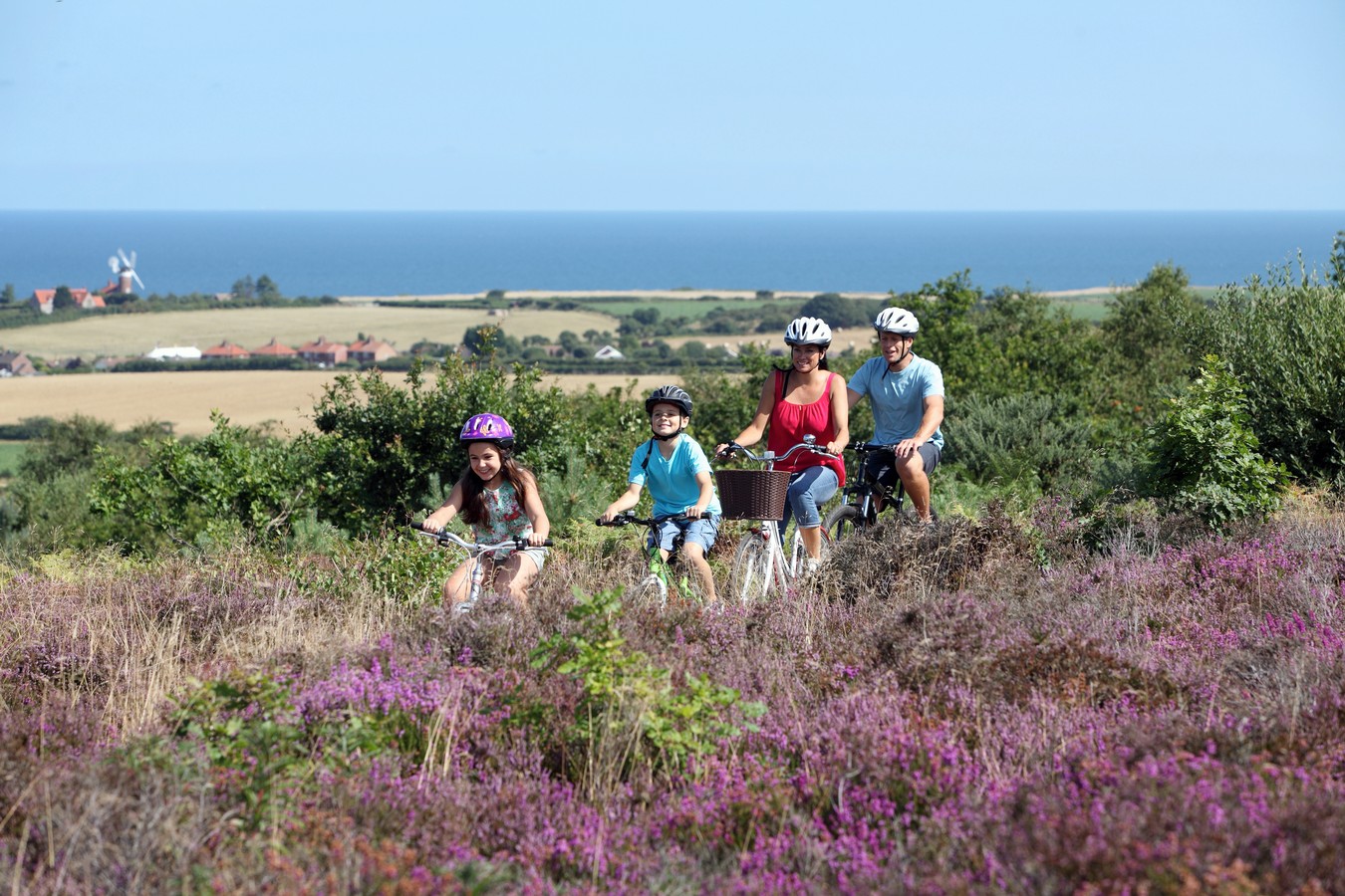 A family riding bikes along through heath at Kelling Heath Holiday Park Norfolk