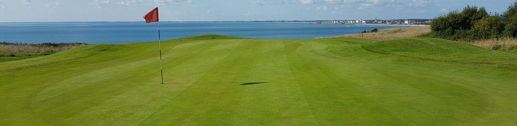 An image of a golf putting green and flag with a beach in the background
