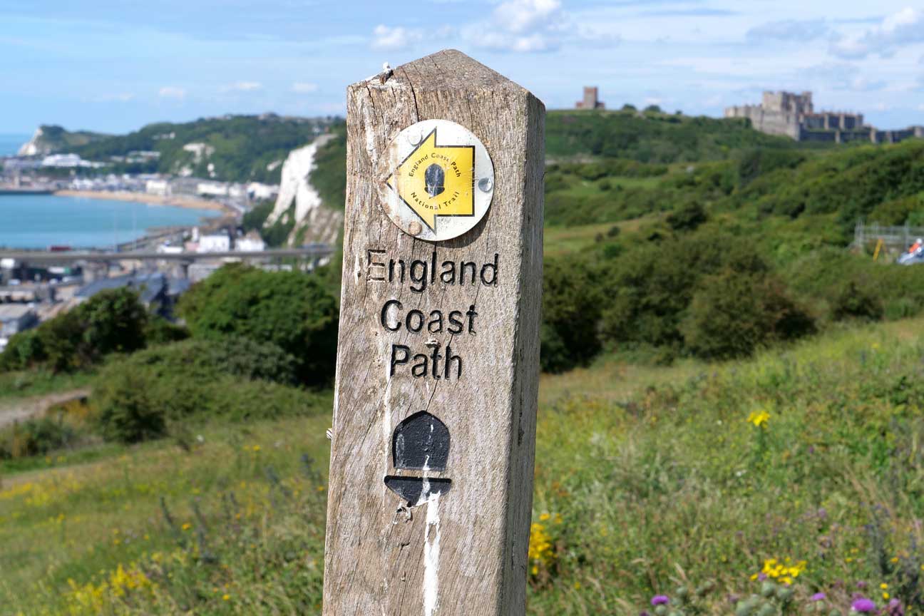 A View of a Coastal Path Sign in Dover for Walking Holidays in Kent