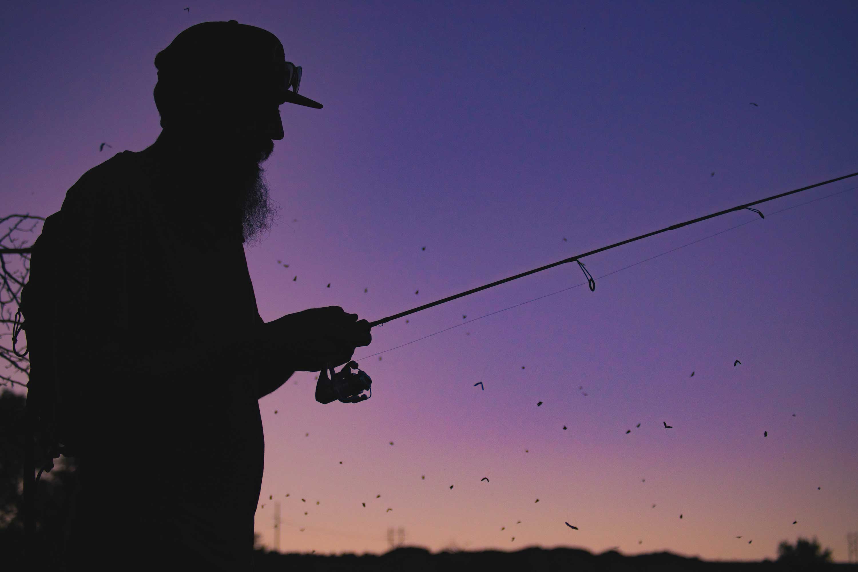 A Man Fishing at Dusk with a Beautiful Purple and Pink Sky
