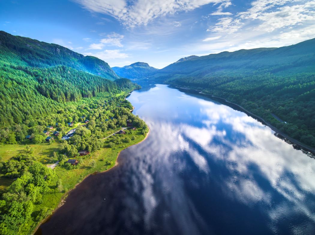 A view of Loch Lubnaig and Cabins, one of the best family lodge holiday parks in Scotland