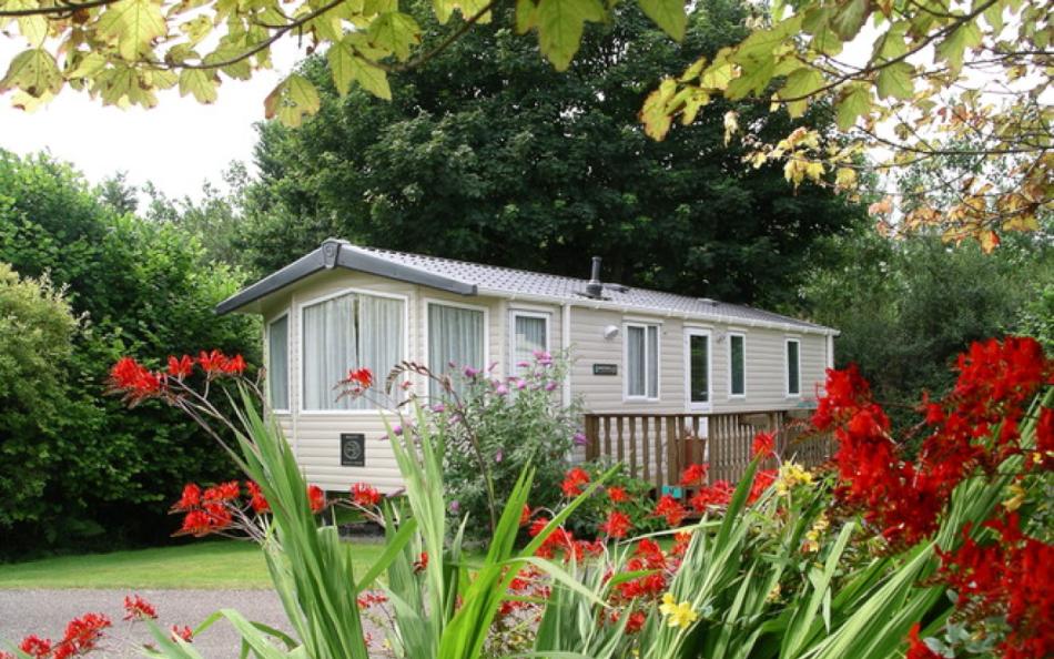 A view of a holiday home with woodland behind and flowers in the foreground