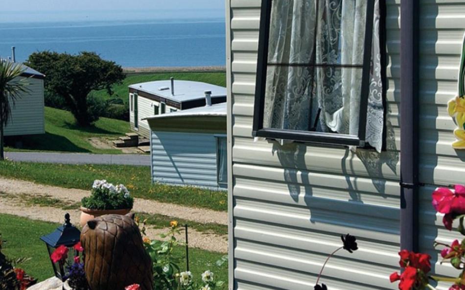 A view of the distant ocean from the side of a holiday home with some beautiful flowers nearby 