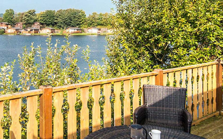 A View from a Holiday Homes Decking overlooking a Lake surrounded by other Holiday Homes