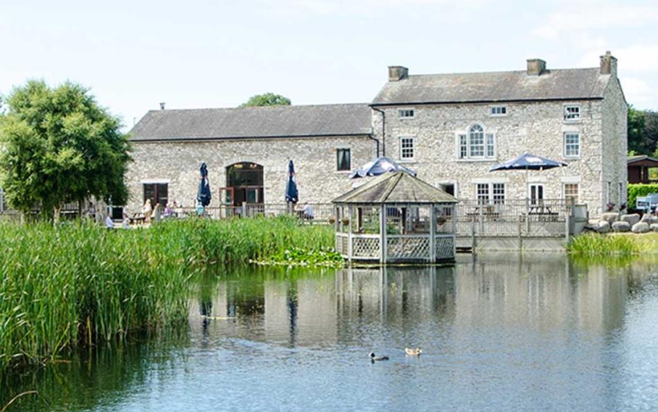 A Pub next to a Lake with tall Reeds in the foreground