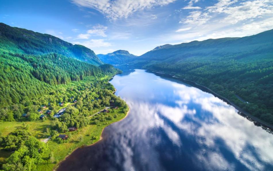 A view of Loch Lubnaig and Cabins, one of the best family lodge holiday parks in Scotland