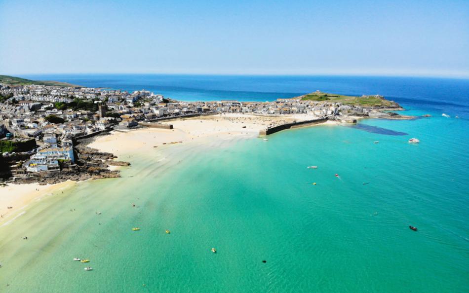 A View of St Ives Harbour and Sout West Coastline on a Bright Sunny Day