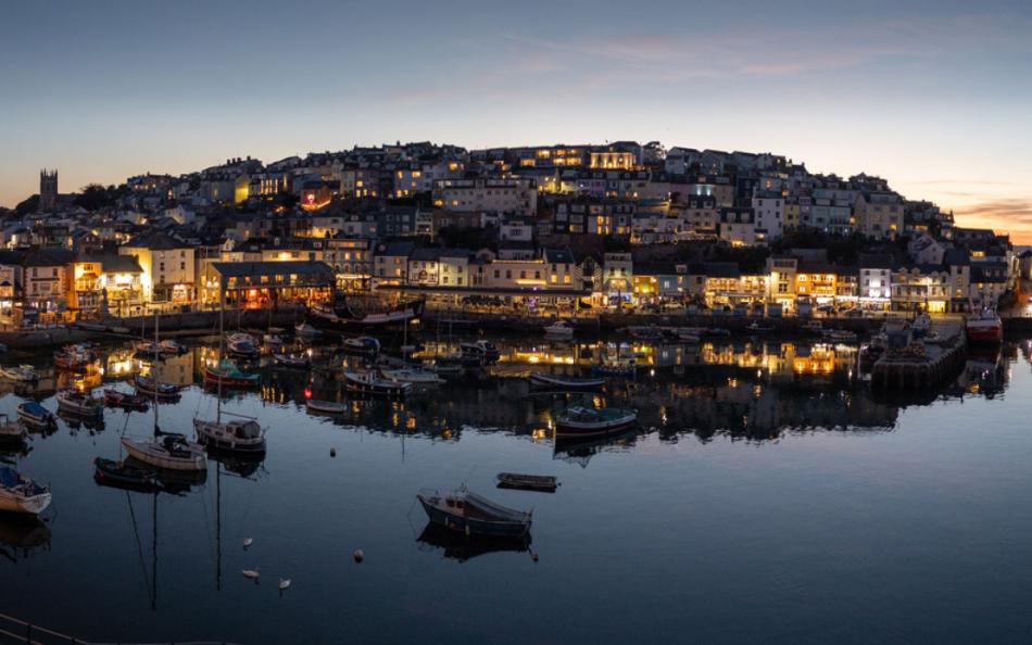 Brixham Harbour at Night Time with Boats in the Harbour