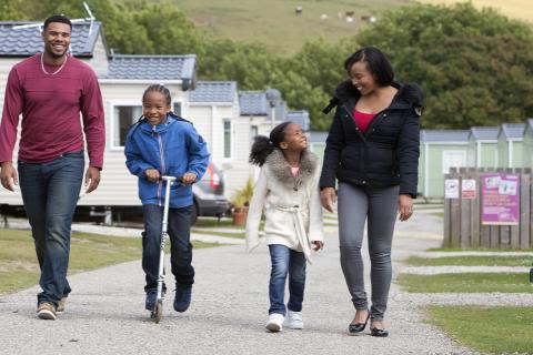 walking around the static caravans at Looe Bay Holiday Park in Cornwall