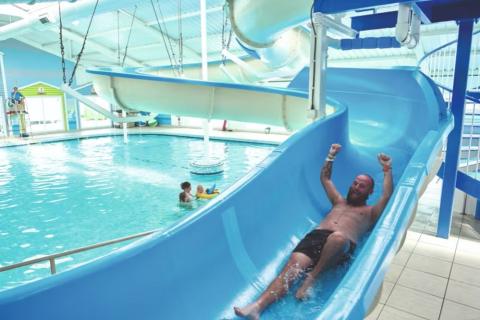 going down the flume at Presthaven Beach Resort