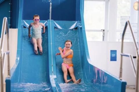 going down the water slides at Haggerston Castle Holiday Park