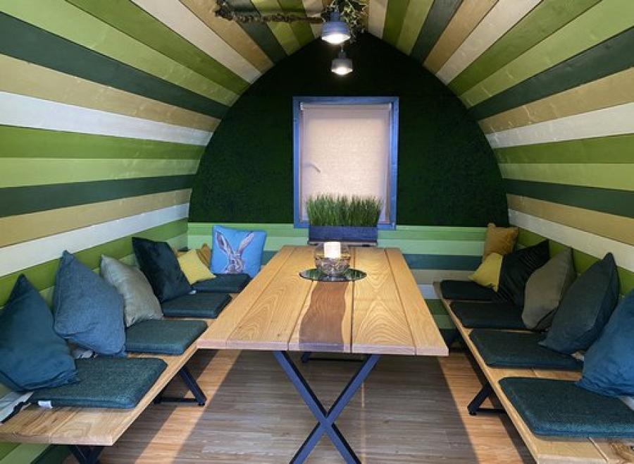 unique eating pods at Sandy Balls Holiday Village