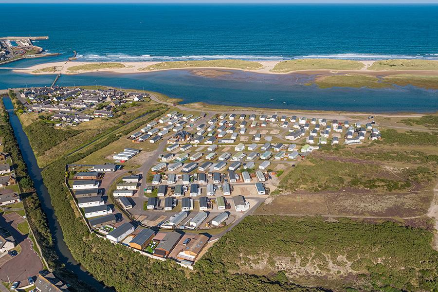 looking down over Lossiemouth Holiday Park in Scotland in Moray