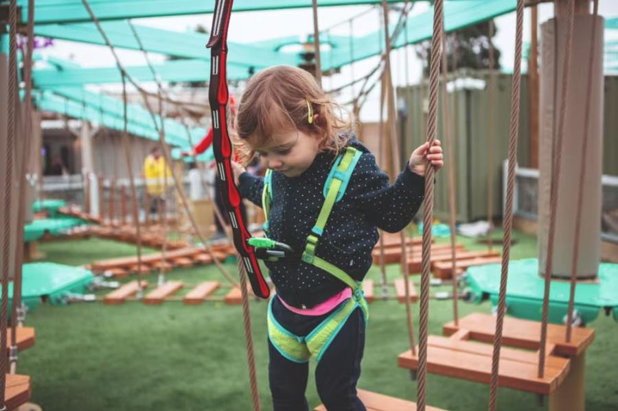 on the ropes course for young kids at Primrose Valley Holiday Park