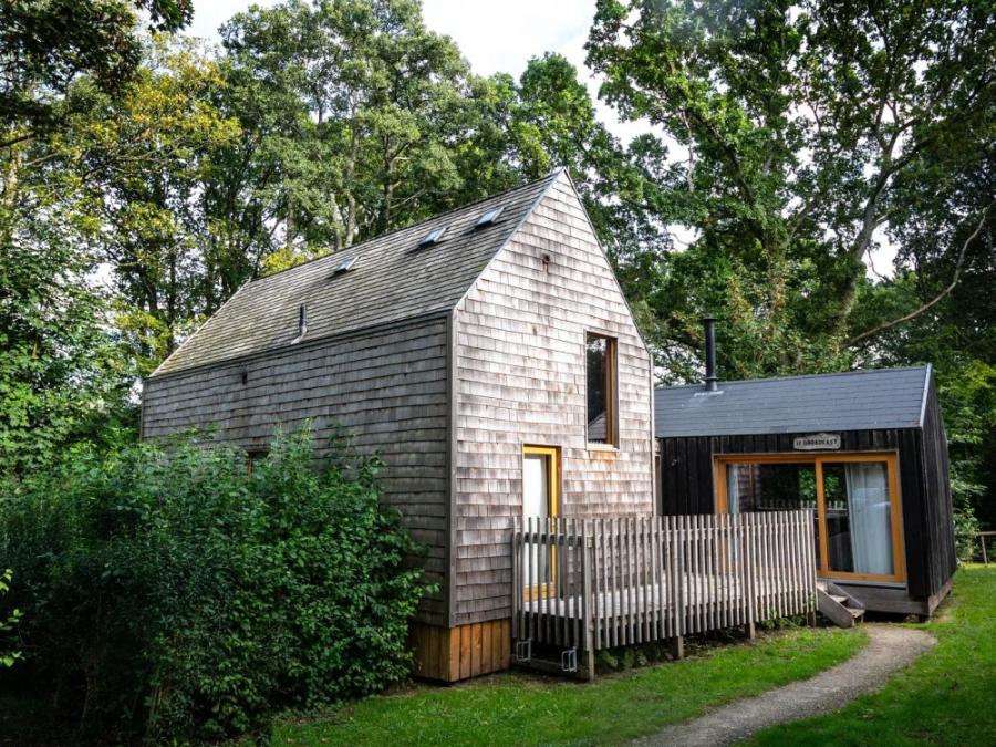 outside of a forest lodge at Burnbake Forest Lodges