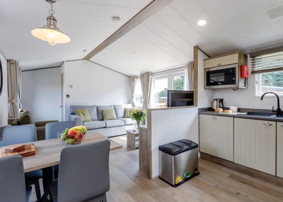 open plan living space inside a lodge at Clumber Park