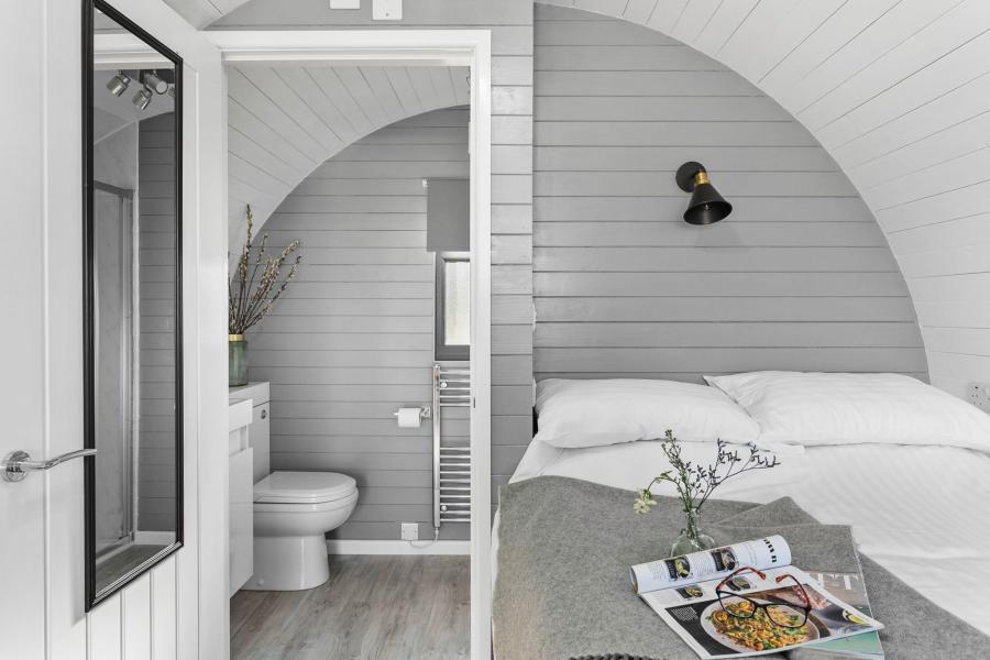 modern bathrooms and bedroom at apple tree glamping