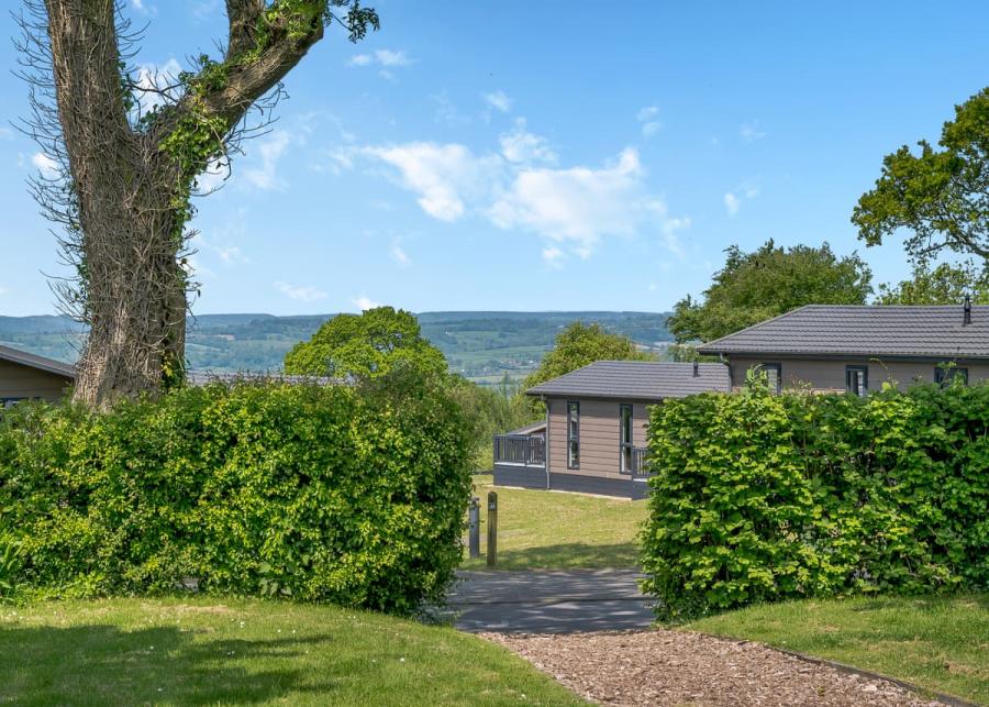 lodges overlooking the countryside at Hawkchurch Resort and Spa