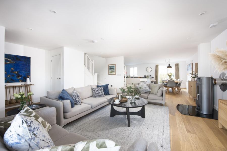modern living spcae with woodburner at una st ives
