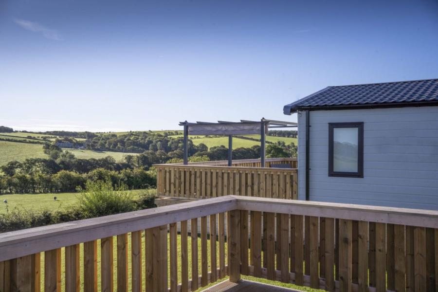 looking out from a caravan balcony at Crofthead Holiday Park to the countryside