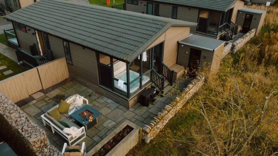 looking down on a luxury lodge ar Ullswater Heights holiday park