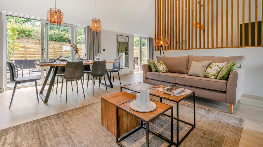 lounge and dining ares in a Whalesborough Farm Resort holiday home