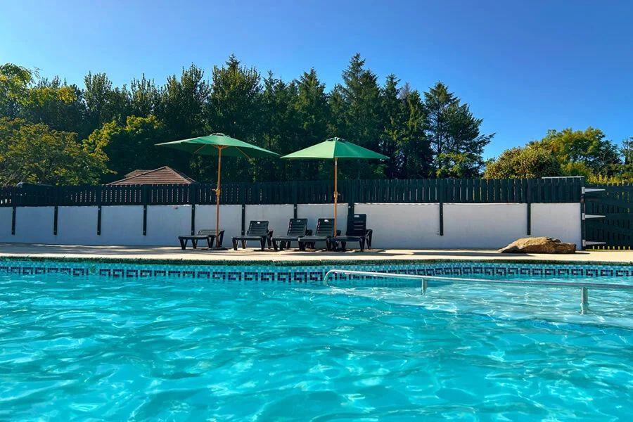 sunbeds by the swimming pool at Cornish Meadows Holiday Park