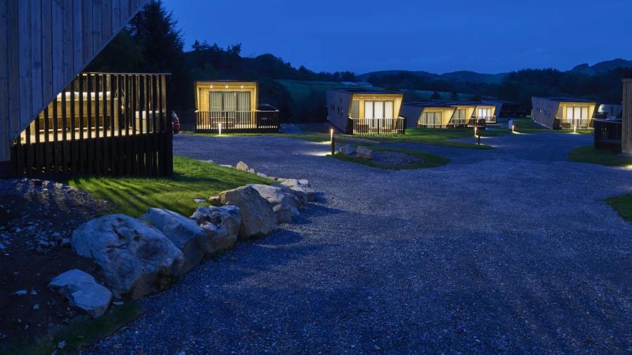 lodges at night at Barnsoul Holiday Resort