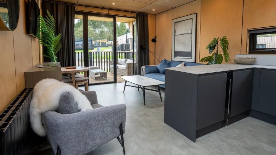 open plan living space in a Barnsoul Holiday Resort lodge