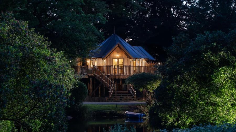 lodges at night at the Clowance Estate