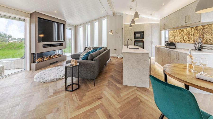 open plan living space in a lodge at North Lakes Lodges